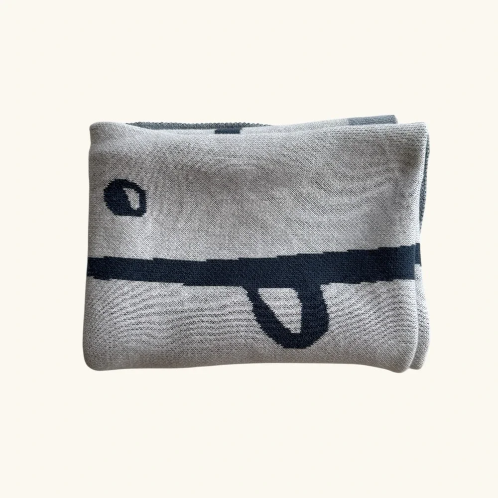 Nordstrom Whale Baby Blanket Blue‎ Gray Cotton Knit Nautical One Size 37.5x28.5